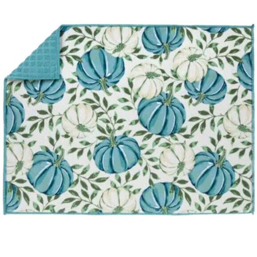 Blue Pumpkins Dish Drying Mat Reversible Fall Leaves Farmhouse Kitchen Gift NEW